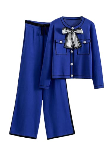 Ensemble 2 pièces en tricot femme bleu S avec pantalon court taille haute