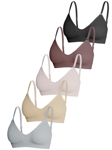 OYOANGLE Women's 5 Pieces Rib Knit Spaghetti Strap V Neck Wireless Bra Set Seamless Solid Plain No Padded Bralette4