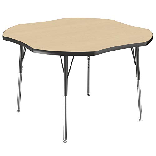 Image of FDP Clover Activity School and Office Table (48 x 48 inch), Standard Legs with Swivel Glides for Collaborative Seating Environments, Adjustable Height 19-30 inches - Maple Top and Black Edge