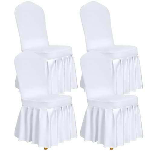 Vencede Dining Room Chair Covers with Skirt 4pcs Stretch Parsons Slipcovers with Skirt Washable Universal Parson Chair Protector for Dining Room, Hotel, Ceremony, Party(White)