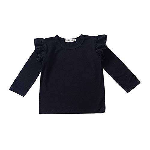 BOUTIKOME Kids Toddler Baby Girls Basic Ruffle Sleeve Cotton T Shirts Tops Blouse Solid Cotton Basic Tees Plain Shirt (Black, 12-18M)