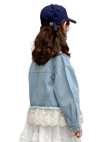 5-14Years Little Big Girl Lace Spliced Denim Jackets Classic Blue Jean Jacket Kids Outerwear Casual Cute Coat Spring4