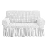NICEEC Loveseat Slipcover White Loveseat Cover 1 Piece Easy Fitted Sofa Couch Cover Universal High Stretch Durable Furniture Protector Love Seat with Skirt Country Style (2 Seater White)