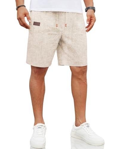 COOFANDY Leinen Shorts Herren Kurze Hosen Sommer Shorts Kurze Leinenhose Sommerhose Einfarbig Strandshorts Freizeithose mit Taschen Beige XL