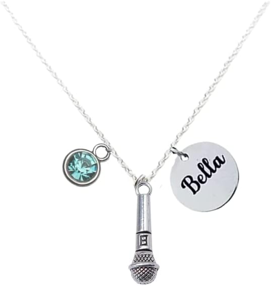 Microphone Jewelry Personalized Microphone Charm Necklace with Engraving & Birthstone,Engraved & Birthstone Charm, Music Pendant Necklace, Singer Jewelry