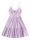 ZAFUL Women's Casual V Neck Summer Mini Dress Spaghetti Strap A-Line Short Dresses Backless Solid Color Sundress (A-f Purple,M)