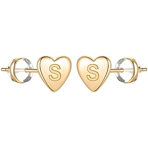 Sterling Silver Stud Earrings for Girls, S925 Sterling Silver Heart Initial Stud Earrings 14K Gold Plated Hypoallergenic little Initial Earrings for Women Girls Kids Sensitive Girls Earrings gold Cover