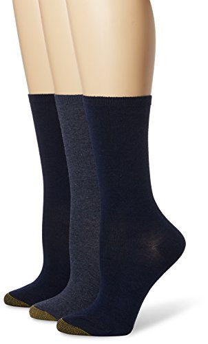 Gold Toe Women's Non-Binding Flat Knit Crew Sock 3-Pack, Navy/Denim, Shoe Size: 6-9/socks size: 9-11