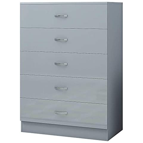 Furnished With Style FWStyle Contemporary 5 Drawer Chest High Grey Gloss Bedroom Storage Metal Handles… Cover