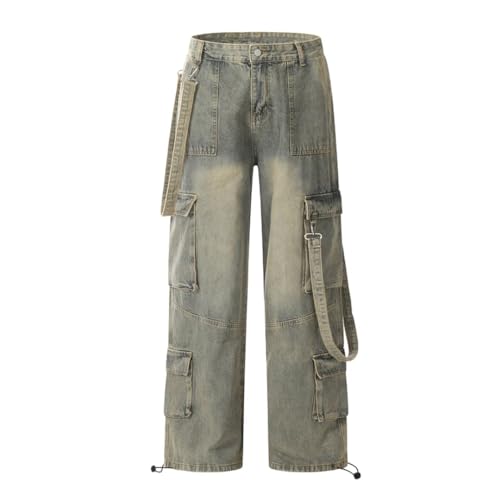 Men Jeans American Straight Tube Mud Dyed Loose Multi Pocket Workwear Pants Vintage Male Trousers