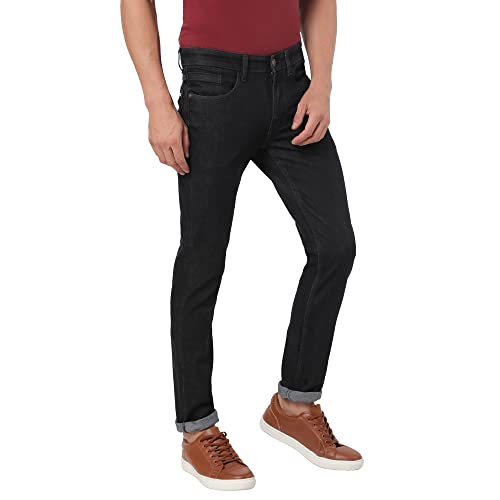 Image of Arvind Men Black Cotton Lycra Regular Fit Denim