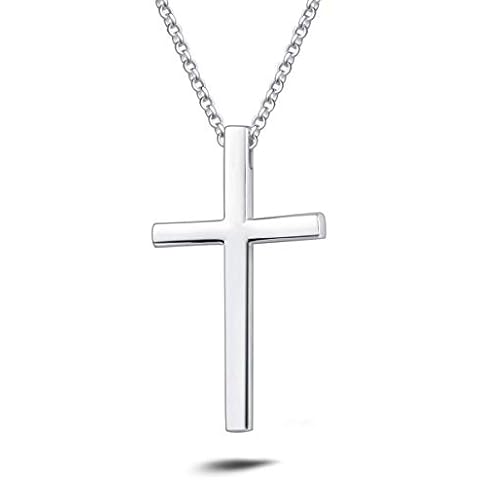 White Gold Plated High Polished Solid 925 Sterling Silver Large Heavy Mens Crucifix Pendant Necklace Jewellery for Men Boys, With 23.5 Inch Strong Durable Solid Silver Rolo Chains Lobster Clasp Cover