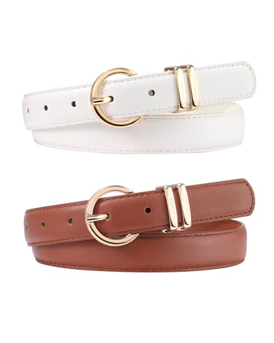 AWAYTR 2 Pcs Kids Girls Leather Belt, Fashion Gold Buckle Belts for Teen Girls Jeans Dress, Brown/White, Fit Waist 30-34 in