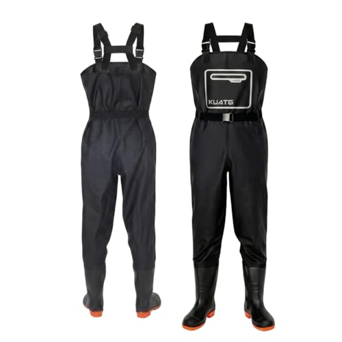 HoldOneLight Wasserdichte Ganzkörper Wathose aus PVC-Polyester Schwarz mit Stiefeln Atmungsaktiv für Angeln Baustellen und Bauernhöfe Angel- und Jagdstiefel für Herren (XL 42 EU)