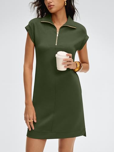 Image of ANRABESS Womens Summer Casual Half Zip Cap Sleeve Trendy Wrinkle-Free Tshirt Dress 2026 Spring Beach Vacation Short Dresses