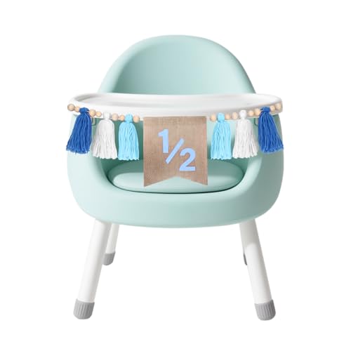 1/2 Birthday Banner,Blue Tassel Wood Bead High Chair Banner for Baby Boys Girls, 6 Months Birthday Party Decorations,6 Month Photoshoot Props