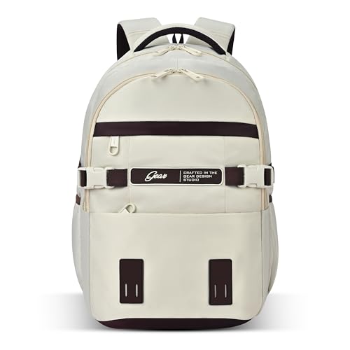 Image of Gear Elegant 19 inch /35L Large Water Resistant School Bag | Casual Backpack | Daypack | Travel Backpack | Kids Bag for Boys /Girls (Cream - Brown)