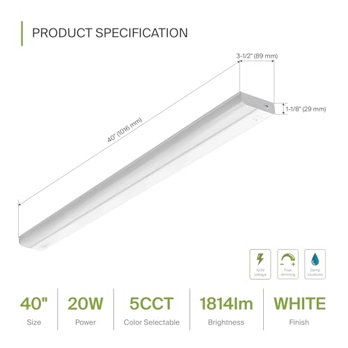Image of ASD LED Under Cabinet Lighting Hardwired, 40 Inch 20W 2700K-5000K Selectable, 1814LM, CRI90+, Direct Wire Linkable Under Counter Lights for Kitchen, Dimmable Under Cabinet Lights, White, UL Certified
