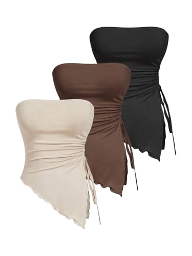 OYOANGLE Women's 3 Pack Strapless Top Drawstring Side Ruched Asymmetrical Tube Tops
