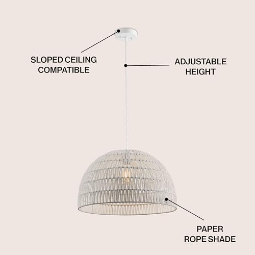 Image of JONATHAN Y 20 inch White Modern Bohemian Woven Rope LED Pendant Light Fixture, Adjustable Dome Ceiling Lamp for Kitchen Island, Rope Shade, Coastal Farmhouse Decor (JYL6504E)