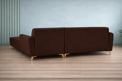Image of Adorn India Premium Luster 6 Seater L Shape Sofa Set | Velvet Suede Fabric | 3-Year Warranty | RHS |Color Brown with Golden Legs & Striped Pattern Cushion
