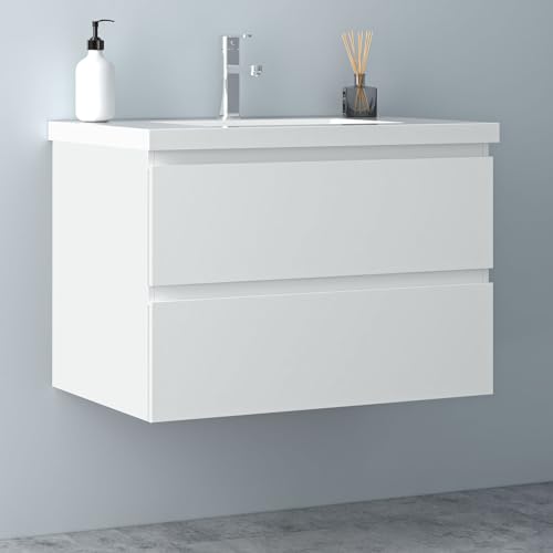 Biubiubath Badezimmermöbel 80cm Mineralguss Waschtisch mit Unterschrank Badmöbel Set Badezimmerschränke mit 2 Soft-Close Schubladen Weiß Matt