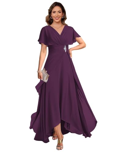 Women's Chiffon V Neck Mother of The Bride Dresses for Wedding Flutter Sleeve Pleats Formal Evening Dress GA120