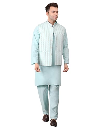Image of Men's Cotton Silk Blend Regular Kurta Pyjama, Embroidered Nehru Jacket /Waistcoat Set