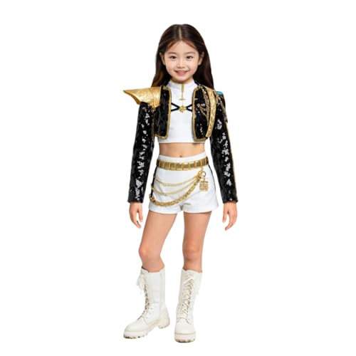 [BoLuKiaKia] K-POP ガールズ！デーモン・ハンターズ コスプレ衣装 子供 キッズ 女の子 舞台服 仮装 コスプレ Cosplay ダンス 可愛い 人気 日常 アイドル 変装 演出服 文化祭 学園祭 ハロウィン クリスマス 誕生日 忘年会 レディース 黒＋金