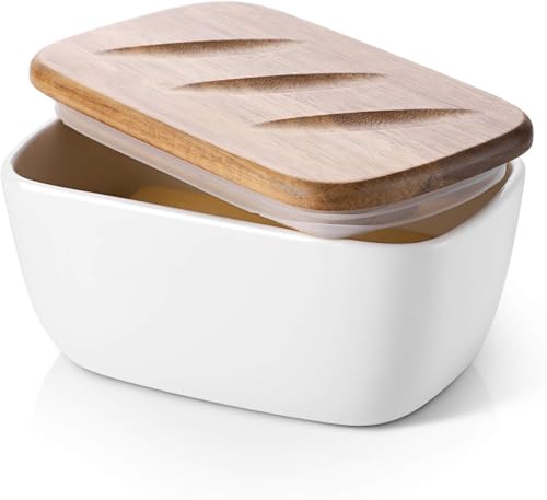 DOWAN 6.5 Ceramic Butter Dish with Lid - White Butter Keeper Holds 3 Sticks with Silicone Seal