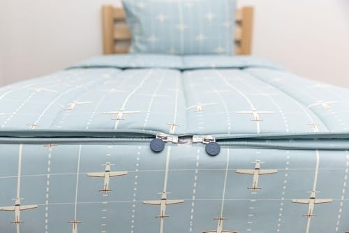 Beddy's Airplane Theme Durable Zipper Bedding for Kids, Bed in a Bag, Light Blue Sheets & Comforter with Plane Design, Includes Pillowcase & Pillow Sham Easy to Make & Wash