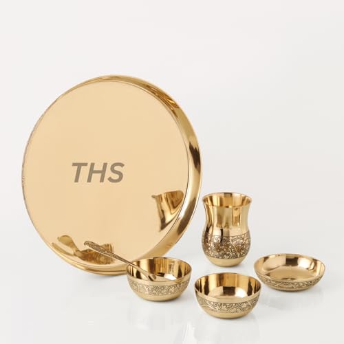 6-Piece Kansa Solid Dinner Set|Matte Finish|1 Plate (11.5" Thali),2 Bowls,1 Glass,1 Sweet Dish Plate,1 Spoon | Bronze Kansa Dinner Set 6 Shine Polish Finish (eaching Design)