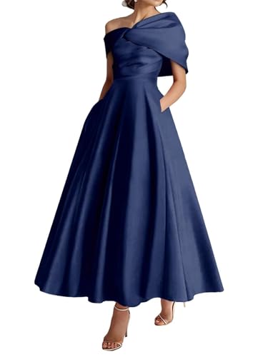 One Shoulder Tea Length Mother of The Bride Dresses with Pockets Satin Wedding Guest Dress MM0024