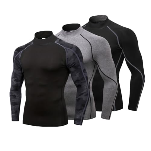 LANBAOSI 3 Pack Mens Mock Turtleneck Compression Shirts Long Sleeve Sun Protection Shirts Cooling Workout Gym Tops Undershirt