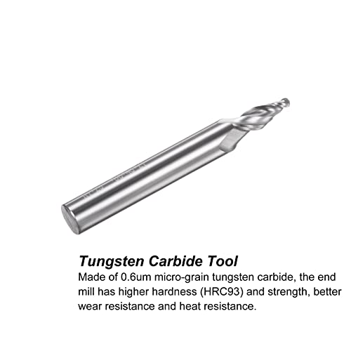 Image of uxcell Tapered Ball Nose End Mill, Uncoated Solid Carbide 2 Flute Spiral Milling Cutter, 1mm Radius, 2mm Diameter, 6mm Shank, 45mm Length, 20 Degree Angle