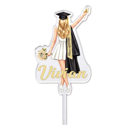 EDSG Personalised Graduation Cake Topper Class of 2026 Acrylic Cake Decorations with Any Name Custom Hair or Robe Color 2026 Graduation Decorations Gifts for High School College Senior(Women)