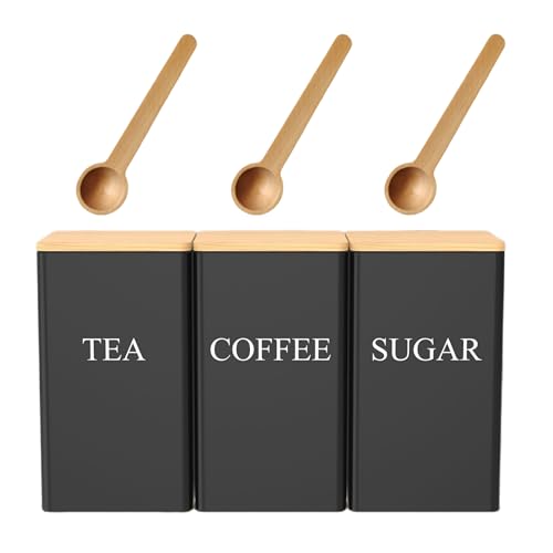 Eidoct Ensemble de boîtes de rangement pour thé, sucre et café 1L Ensemble vintage de boîtes de cuisine en métal de 3 pièces avec couvercle en bambou...