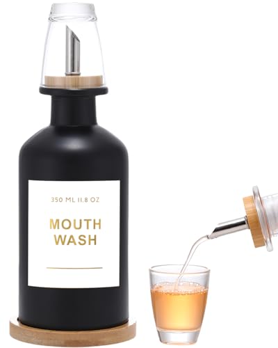 BONLONG 11.8OZ Glass Mouthwash Dispenser for Bathroom with Stainless Steel & Bamboo Nozzle Mouthwash Cup Reusable Bamboo Tray and Elegant Gold Sticker.(Black)