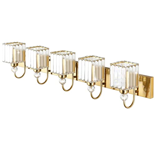 Image of Ralbay Gold Crystal 5-Light Bathroom Vanity Lights Over Mirror Modern Crystal Gold Bathroom Vanity Lighting