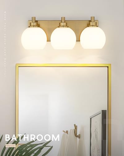 Image of Bathroom Light Fixtures, 3-Light Brushed Gold Vanity Light, Modern Wall Sconces with Milk White Globe Glass Shade, Vanity Lighting Fixtures Over Mirror, VL195-BG-ML-3
