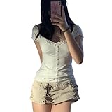 Y2k Short Sleeve Shirts Tops for Women Teens Girls Vintage Aesthetic Graphic Fairy Grunge Lace Summer Tees (White Lace, Medium)