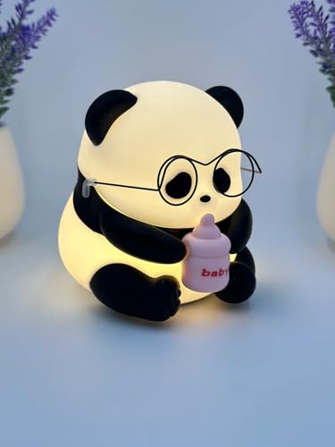 Image of Panda Led Night Light With Glasses And Bottle - Soft Silicone Animal Lamp, Rechargeable And Portable, Ideal For Nursery, Bedside, And Baby Rooms, Gift For Kids, And Baby Showers White