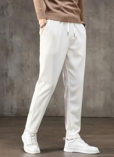 Image of SMOWKLY Men's Ribbed Casual Trousers | Cotton Blend Drawstring Elastic Waist Pants for Men | Comfortable Breathable Lounge Pants | Relaxed Fit Stylish Summer Bottom Wear for Men