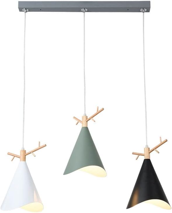 Lustre en aluminium à 3 lumières design géométrique en bois massif et abat-jour métal moderne