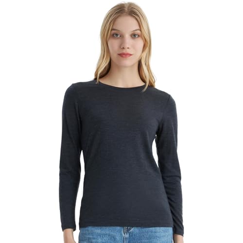 Merino Protect 100% Merino Wool Base Layer Women Thermals Underwear Lightweight Soft Long Sleeve Shirt for Hiking Skiing Black Heather