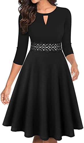 OWIN Women's Vintage Floral Flared A-Line Swing Casual Crew Neck 3/4 Sleeve Party Dresses with Pockets Black M