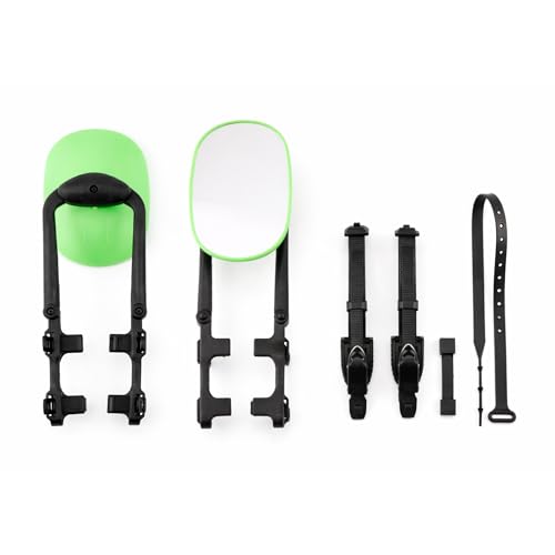 Image of MG91 Dual-Arm Towing Mirrors for Trucks, SUVs, RVs & Trailers | Fluorescent Green finish with two securing straps and a rubber strap to help reduce vibration and keep mirrors steady.