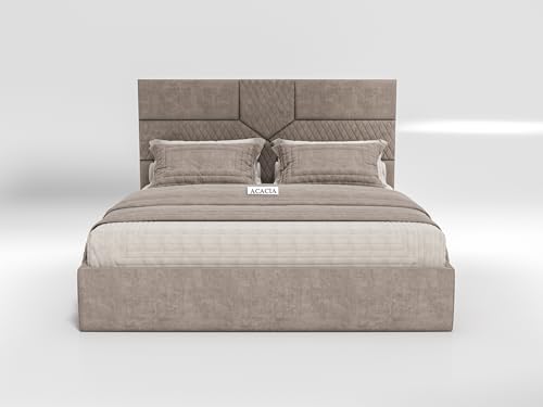 Image of Acacia Modern Upholstered Queen Size Bed with Box Storage for Bedroom | Wooden Double Bed with Storage | Platform Cot Bed with Upholstery Premium Fabric | 6.5 x 5 Ft | Sheesham Wood (Mocha Brown)