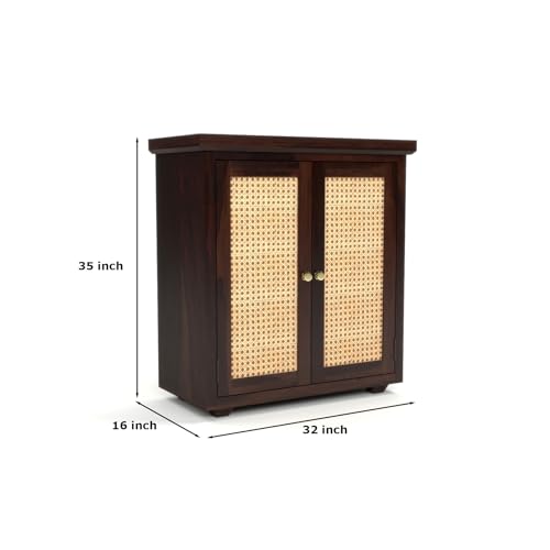 Image of Solid Sheesham Wood Sideboard Cabinet for Living Room | Wooden Storage Cabinet with 2 Cane Doors & Shelf | Modern Rattan Design Sideboard for Home (Walnut Finish)