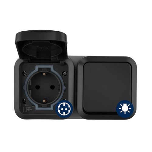 REV AquaStorm Feuchtraum Steckdose Aufputz mit Lichtschalter IP55 waagrecht 230V 16A anthrazit